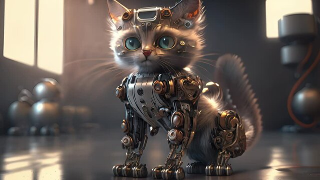 A kitten with a robot body and legs. Created with Generative AI.	