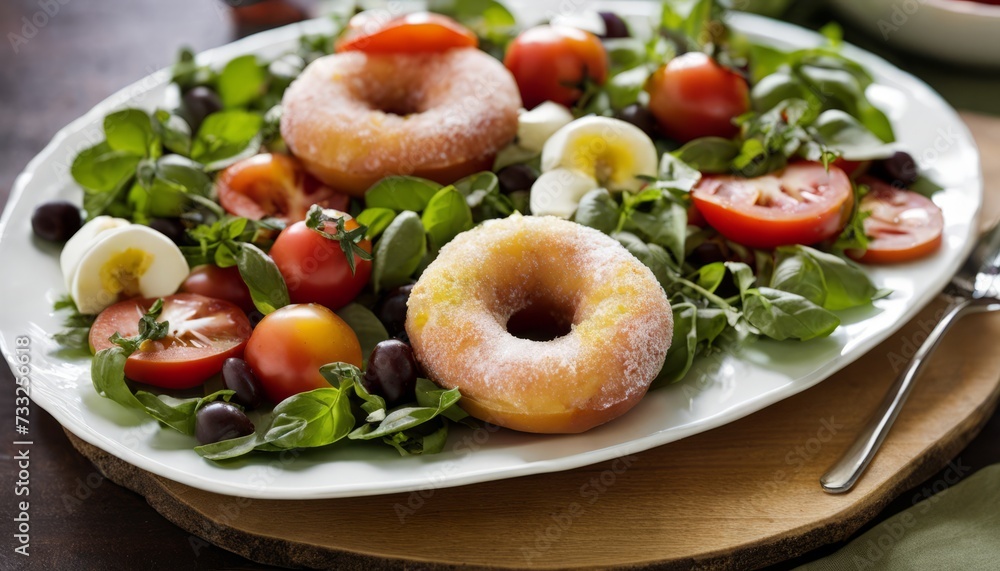 Sticker A white plate with a salad and two donuts on it