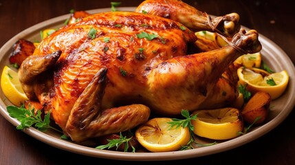 delicious roast chicken served with potatoes and fresh lemon