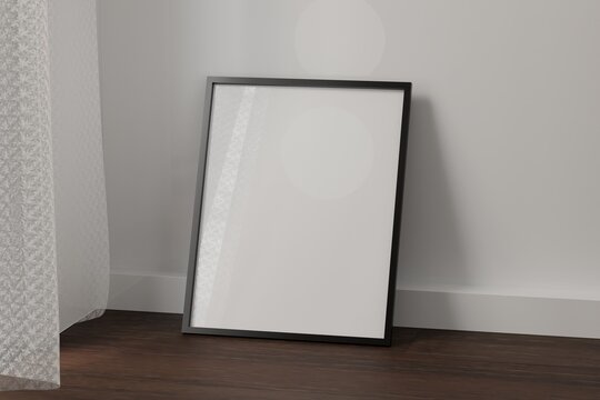 3D Mockup poster frame template on floor in living room interior on empty white wall background.3D rendering.