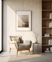 A simple and cozy living room featuring a chair and bookshelf.