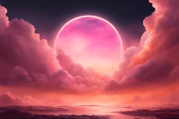 Abstract background with glowing circle over beautiful with magical clouds, futuristic landscape.
