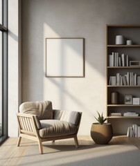 A room with a single chair placed next to a bookshelf filled with books.