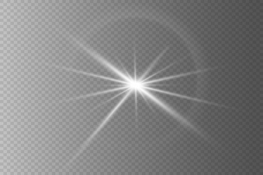 White glowing light explodes on a transparent background. A flash of a star and a glare of rays.