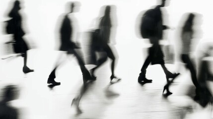 Walking people blurred silhouettes on a white background. Motion outlines of a persons out of focus