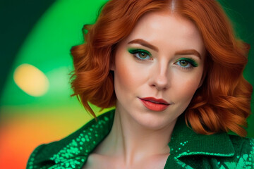 Beautiful smilling young red-haired woman emerald clothes. St. Patrick day celebration.