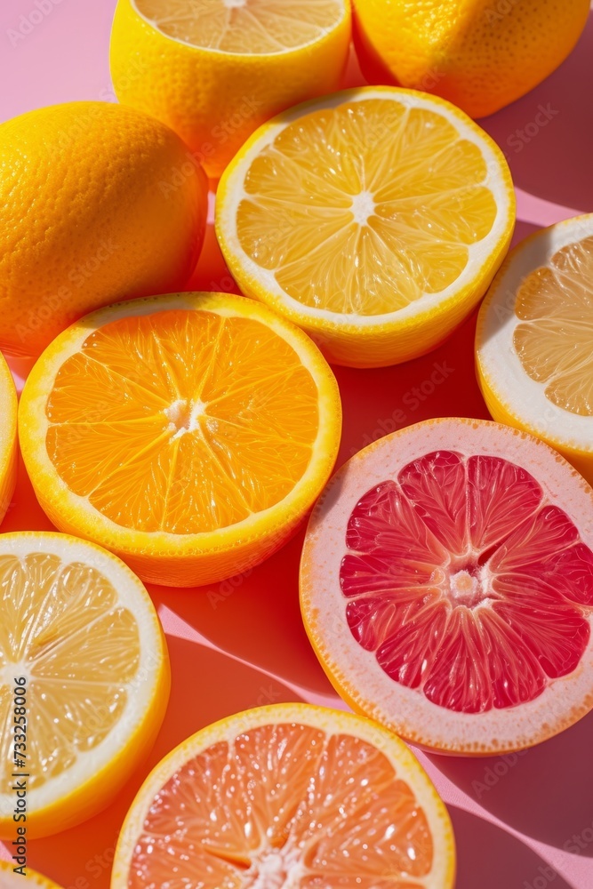 Aufkleber a group of oranges are sliced in half and arranged neatly on a pink surface.