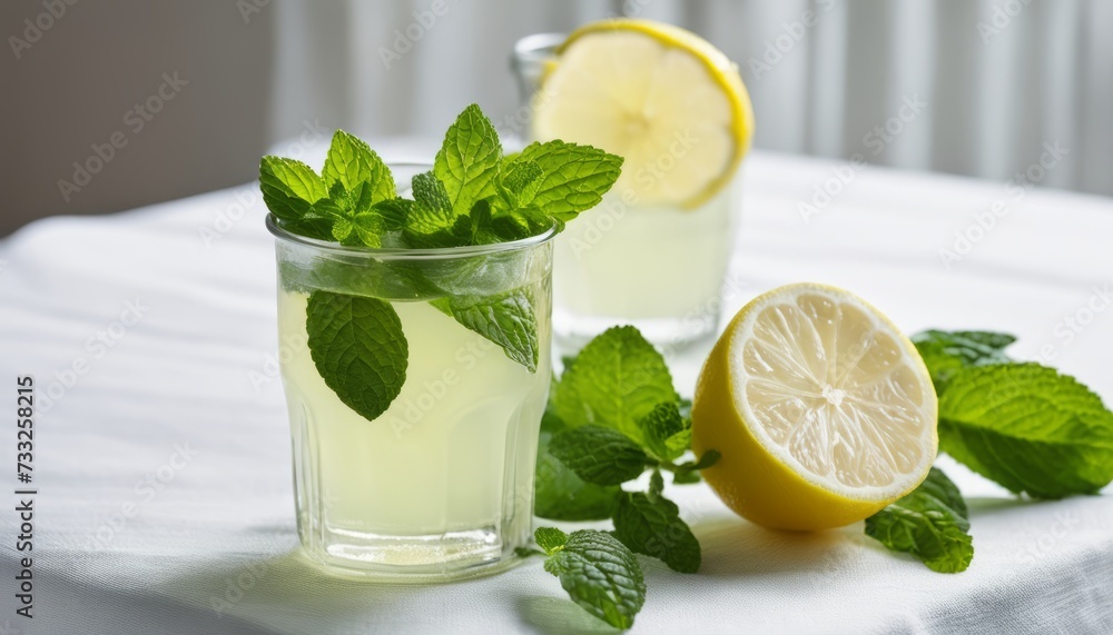 Poster A glass of lemonade with lemon and mint on a table