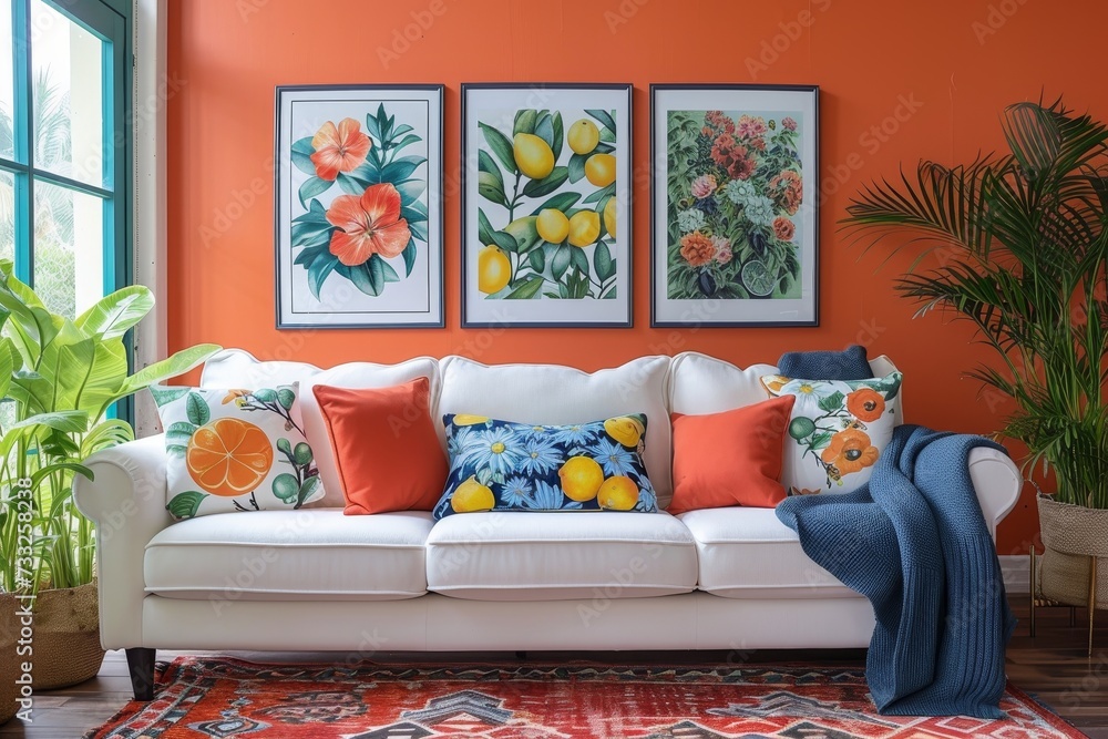 Poster a living room with vibrant orange walls and a pristine white couch as the main focal points of the space