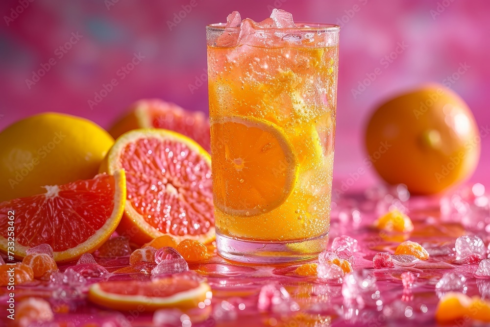 Poster a glass filled with orange juice is placed amidst a cluster of grapefruits and additional grapefruit