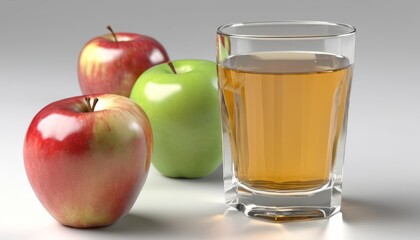 A glass of juice and three apples on a table