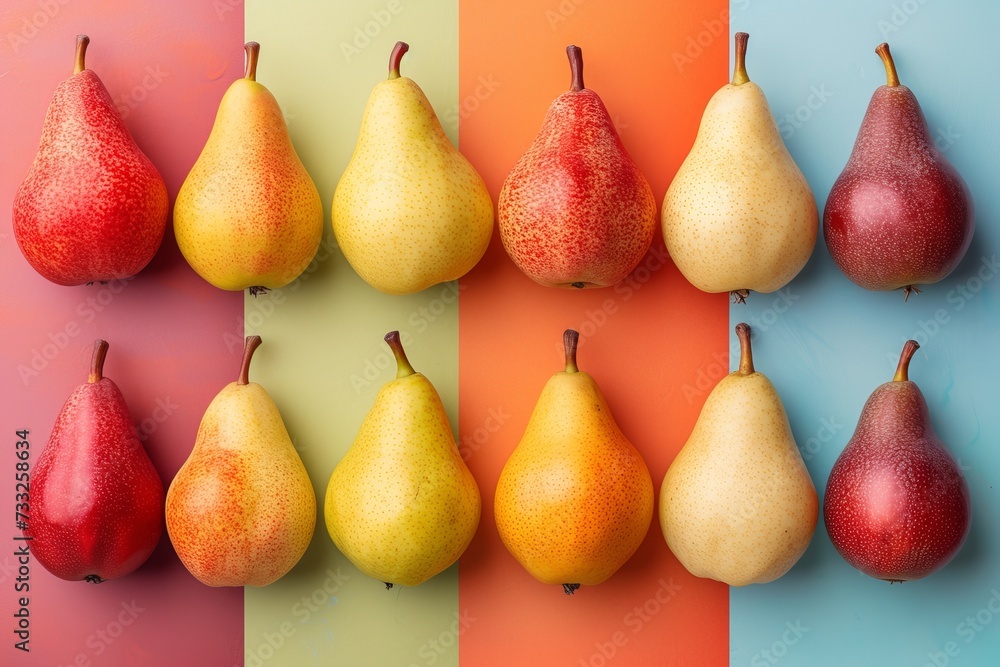 Poster a collection of pears in a variety of colors placed on a multicolored background