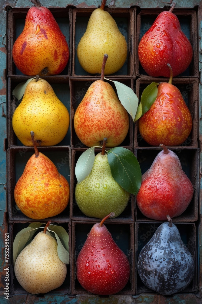 Poster A box containing a diverse assortment of different types of pears.