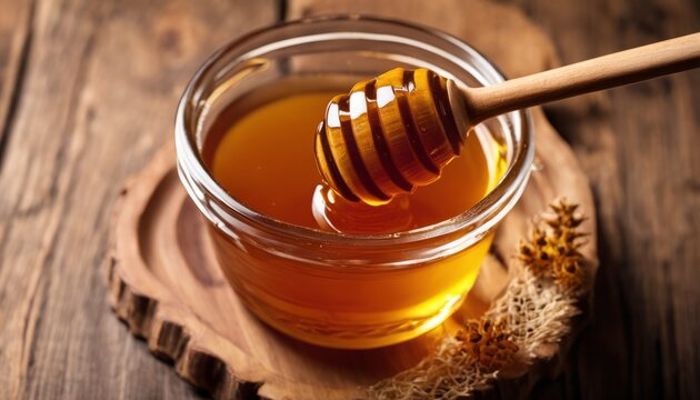 A jar of honey with a wooden spoon in it