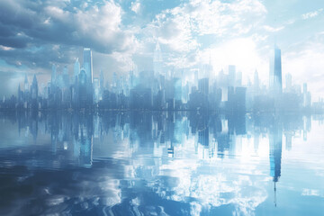 A city skyline reflected in water.