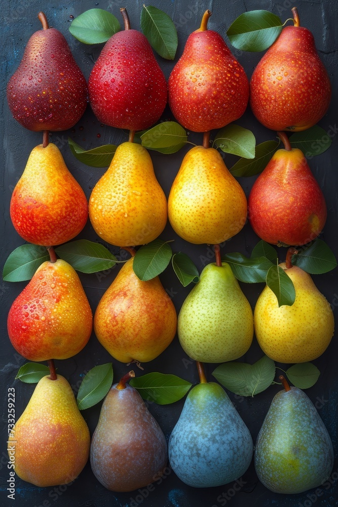 Poster display with ripe pears with green leaves in varieties