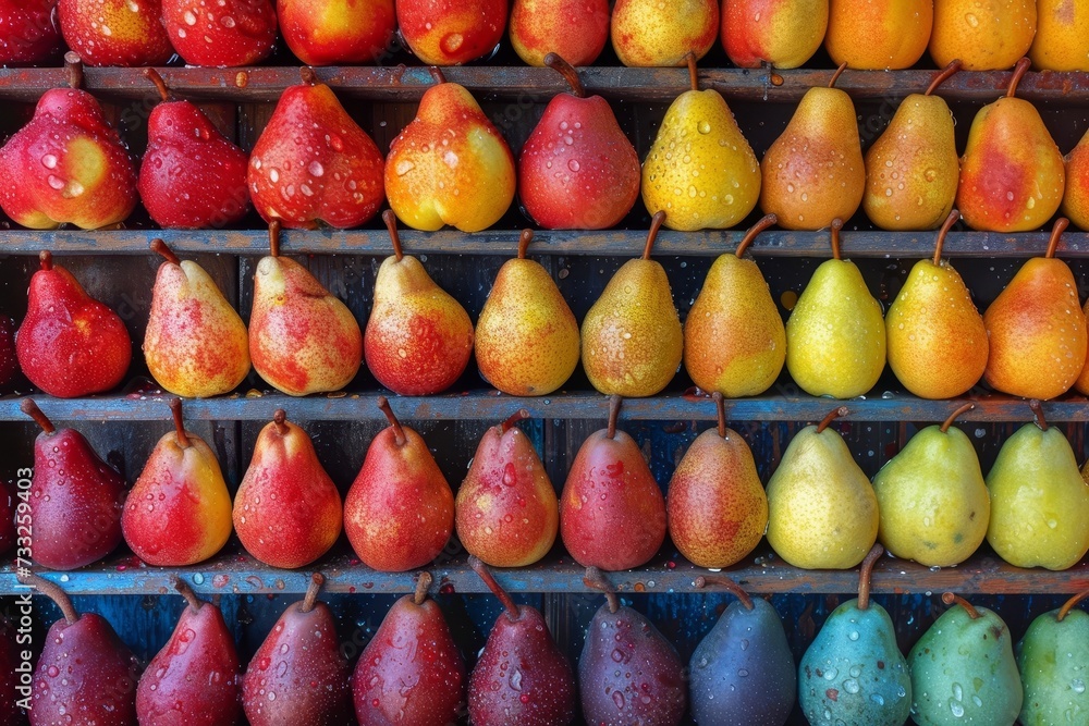 Aufkleber This photo showcases a variety of different types of pears and regular pears on display.