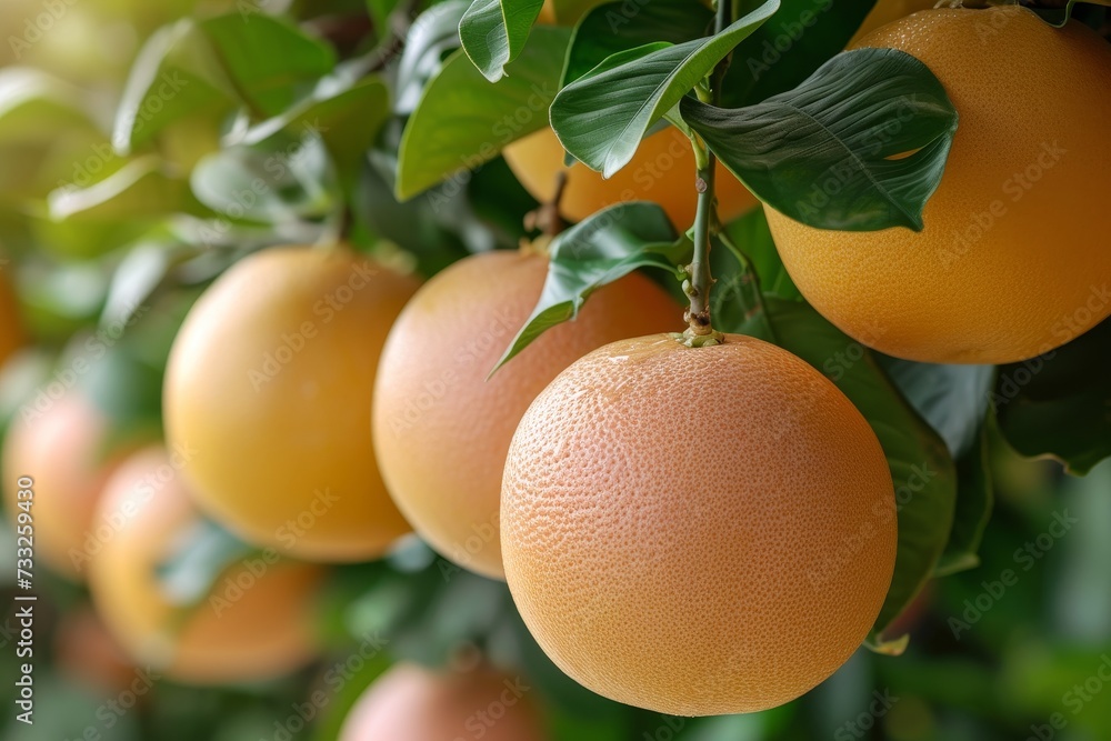 Poster a cluster of ripe grapefruits is seen hanging from the branches of a tree in a garden.