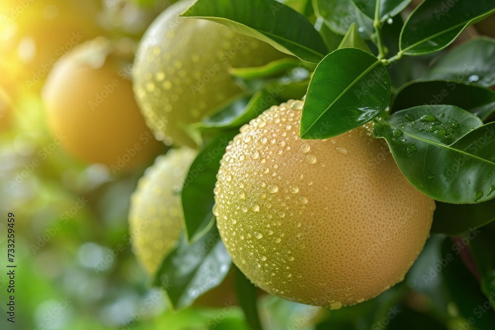 Poster a cluster of ripe grapefruits hanging from the branches of a tree, ready to be picked.
