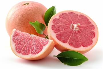 Ripe grapefruit cut in half with its vibrant pink flesh and green leaves placed on a plain white background.