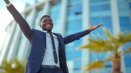 Very happy man in the best him day ever. Young businessman in formal wear keeping arms raised and expressing positivity while standing against it the ultramodern office building