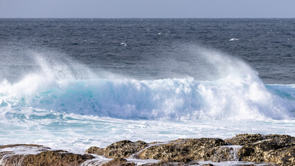Large wave breaking over volcanic rock in Puerto de las Nieves, Gran Canaria, Spain