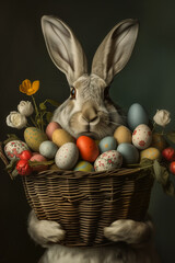 Fototapeta na wymiar A Portrait of an Easter Bunny with a Basket of Easter Eggs