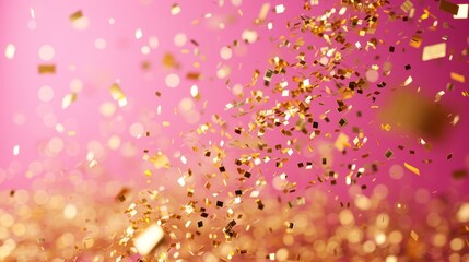 gold confetti scattered on a bright pink background, creating a festive atmosphere