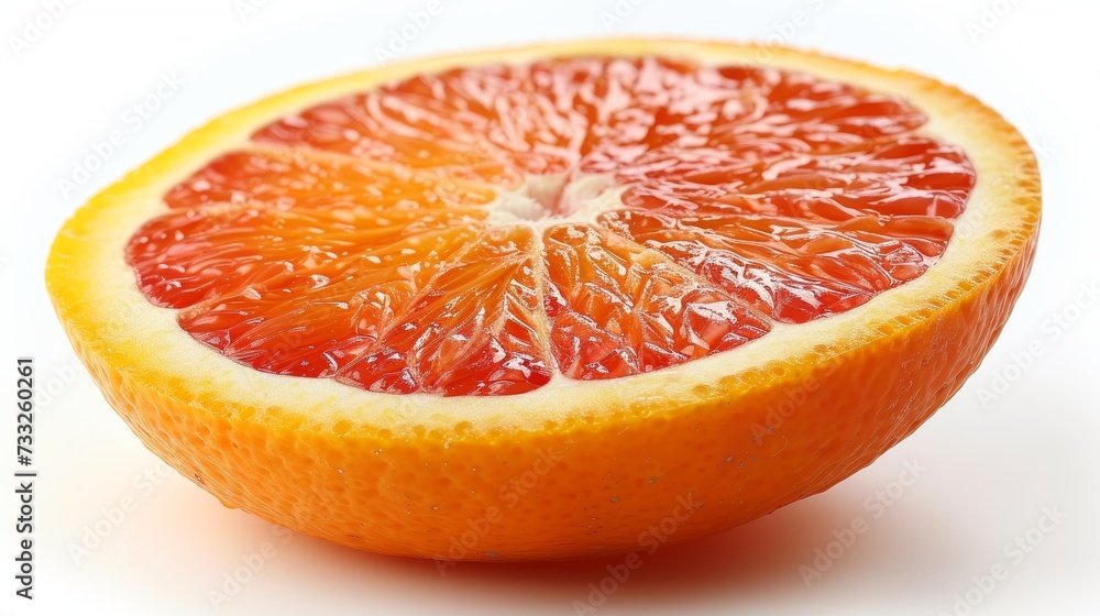 Poster a photograph of a single grapefruit that has been cut in half, displayed on a plain white background