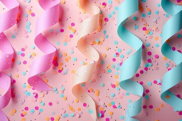 A vibrant photo showcasing a pink background adorned with pink and blue streamers and confetti. - obrazy, fototapety, plakaty