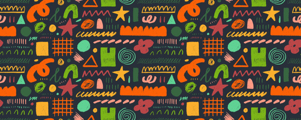 Bright colored seamless banner design background with charcoal childish shapes. - obrazy, fototapety, plakaty