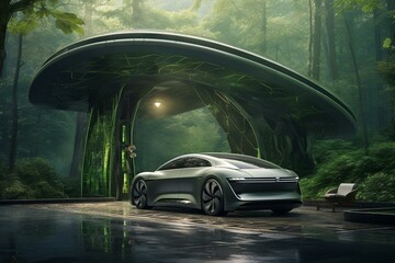 Eco-friendly electric car refueling station in a lush forest, promoting emission-free green energy. Generative AI - obrazy, fototapety, plakaty