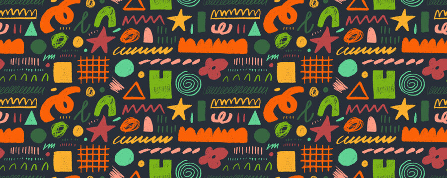 Bright colored seamless banner design background with charcoal childish shapes.