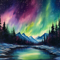 "Aurora Over Majestic Mountains: Captivating Nighttime Spectacle"