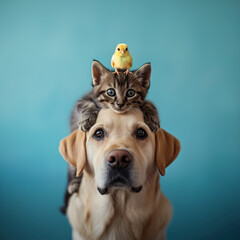 A small chick sits down on an adorable kitten's head with a labrador holding them.