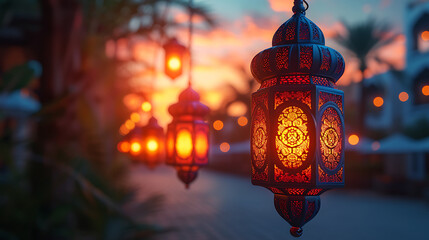 Ramadan lighted lantern orange color with bokeh blue color theme copy space AI Image Generative