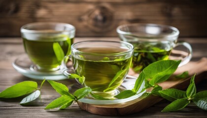 Two cups of tea with green leaves on a wooden table