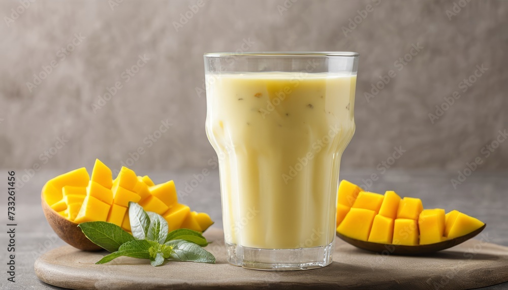 Poster A glass of milk with a slice of pineapple in it