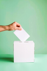 Cropped view of man putting ballot in ballot box on green background. Elections concept.