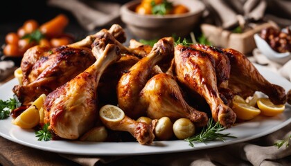 A plate of chicken with vegetables and lemon wedges