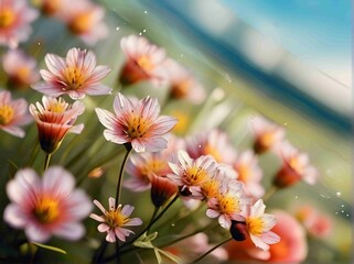 Beautiful Different Colour Flower Close Shot, Snow, Water Drop,Colour Background, Generative Ai