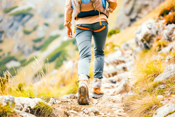 Crop shot of a hiking woman with backpack in mountains.