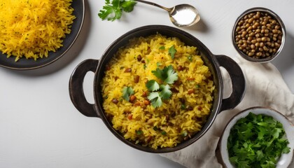A bowl of yellow rice with a spoon in it