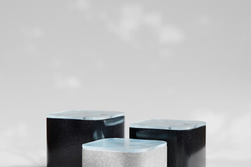 Podium or Pedestal in Triple with Black and Grey Marble on Crystal Glass Combination for Product Presentation 3d Rendered
