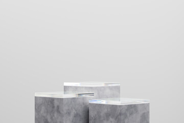 Podium or Pedestal in Triple with Grey Marble and Glass Combination for Product Presentation 3d Rendered