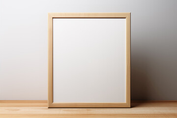 Blank white canvas in wooden frame stands on a table on a white background.