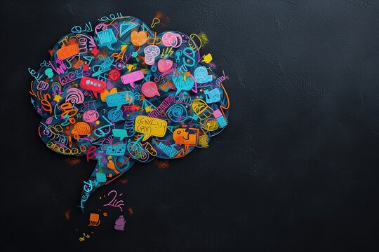 Brain Dump Deluge: A chaotic but colorful speech bubble overflowing with random thoughts, ideas, and doodles, capturing the creative process.
