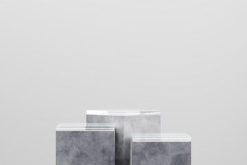 Podium or Pedestal in Triple with Grey Marble and Glass Combination for Product Presentation 3d Rendered
