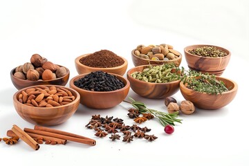Variety of Fresh Organic Spices and Herbs in Wooden Bowls on White Background


