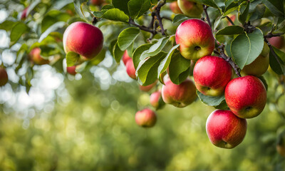 Obraz premium Ripe apple tree in foreground, soft-focus garden